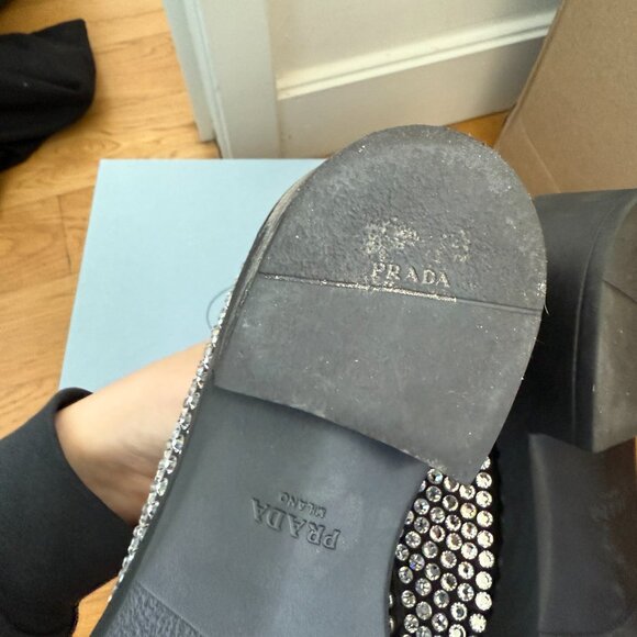 Prada Loafers Black Satin Crystal Embellished Metal Triangle Logo Sz 37 - Picture 14 of 14